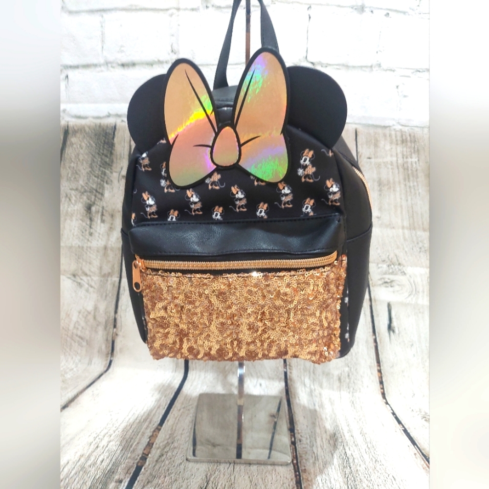 Disney's Minnie Mouse Black Mini Backpack with Gold Sequins and Bow - NWOT